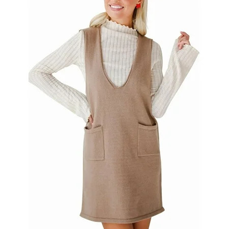 Women'S V Neck Sleeveless Knitted Solid Short Sweater Dress with Pockets Khaki M | Walmart (US)