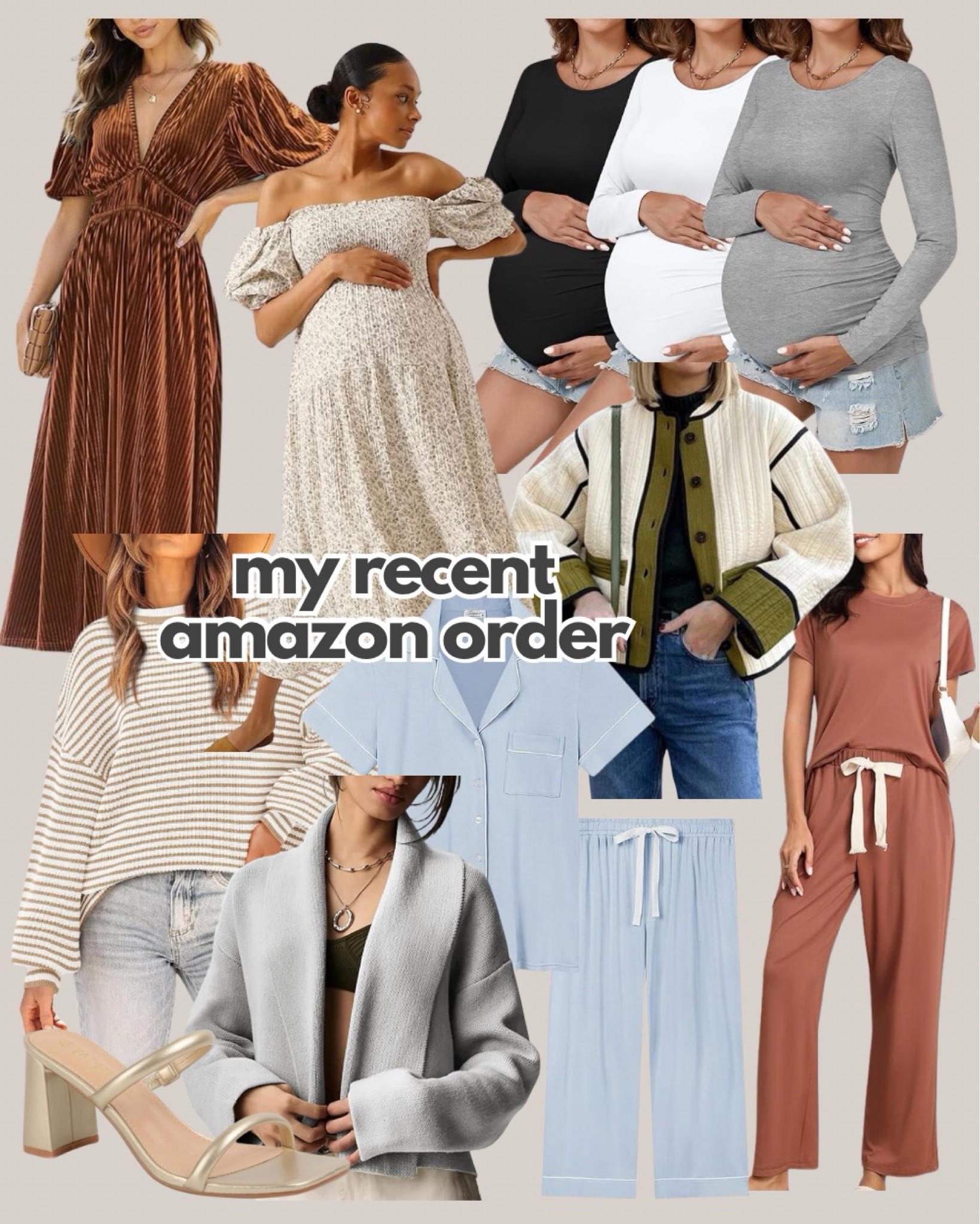 Amazon fashion
Amazon outfits
Brown velvet dress
Floral maternity dress
Nothing Fits But Kiko dress
Maternity long sleeve tops
Tan striped sweater
Blue short sleeve pajamas
Breast feeding friendly pajamas
Portpartum pajamas
Cropped gray cardigan
Gold mule heels

#LTKBump #LTKStyleTip #LTKFindsUnder50