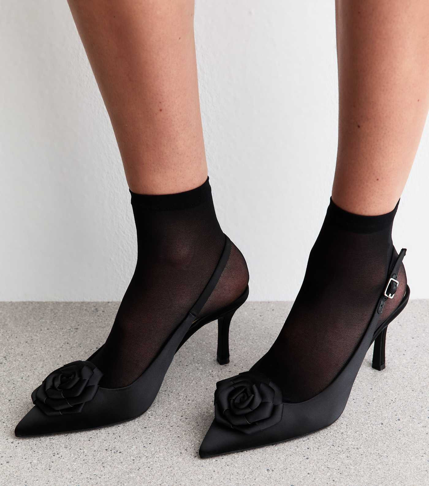 Black Faux Suede Rose Slingback Court Shoes | New Look | New Look (UK)