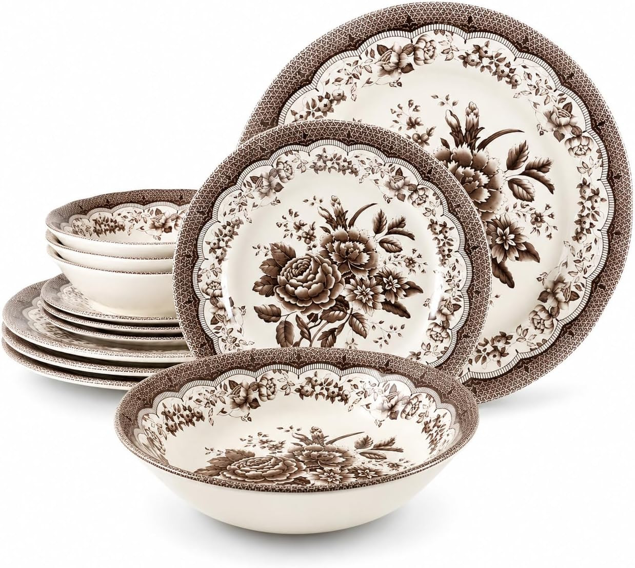12-Piece Porcelain Dinnerware Set for 4, Victoria Brown | Amazon (US)