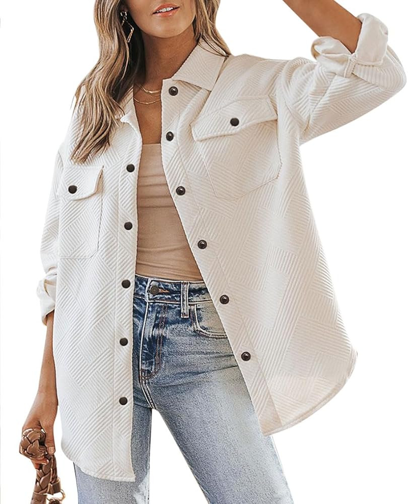 SAUKOLE Women's Shacket Jackets Casual Long Sleeve Button Down Shirts Solid Color Loose Fashion B... | Amazon (US)