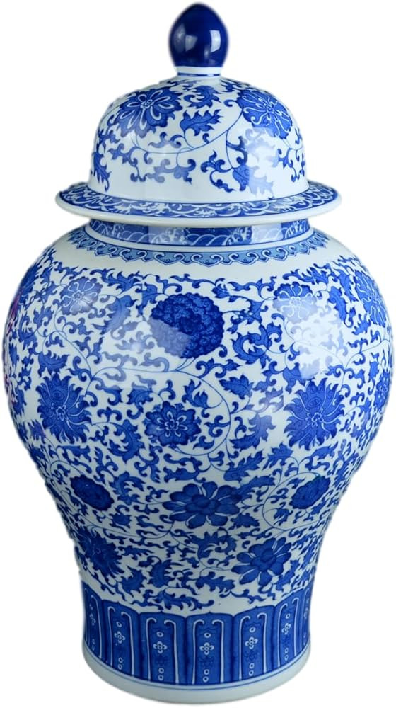 24" Classic Blue and White Floral Porcelain Ceramic Temple Ginger Jar Vase, Large China Qing Styl... | Amazon (US)
