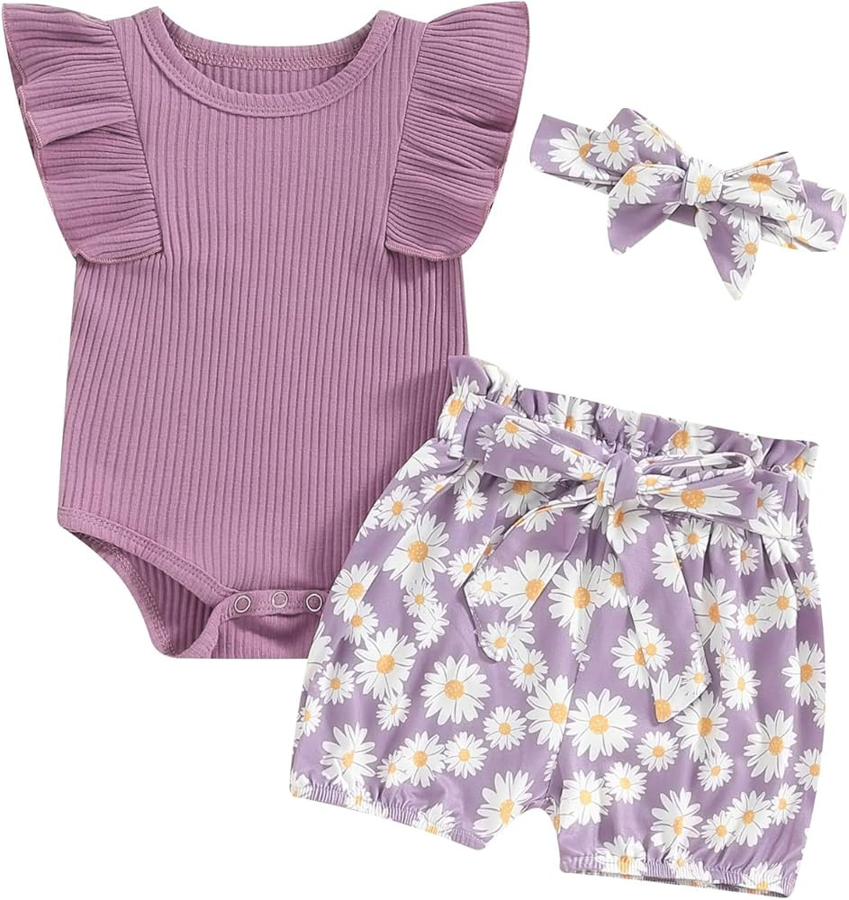 Newborn Infant Baby Girl Summer Clothes Rib Frill Short Sleeve Romper Elastic Waist Shorts Headba... | Amazon (US)