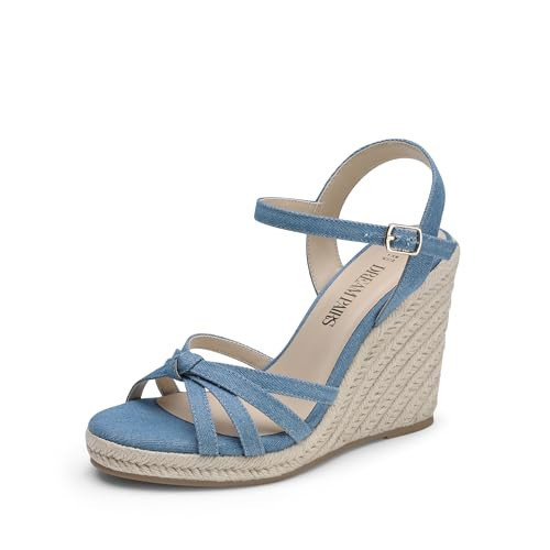 DREAM PAIRS Wedge Sandals for Women Dressy Summer, Platform Espadrille Strappy Casual Braided Heels Comfortable with Open Toe and Ankle Strap,Size 8,Denim Blue-Denim,SDPW2403W | Amazon (US)