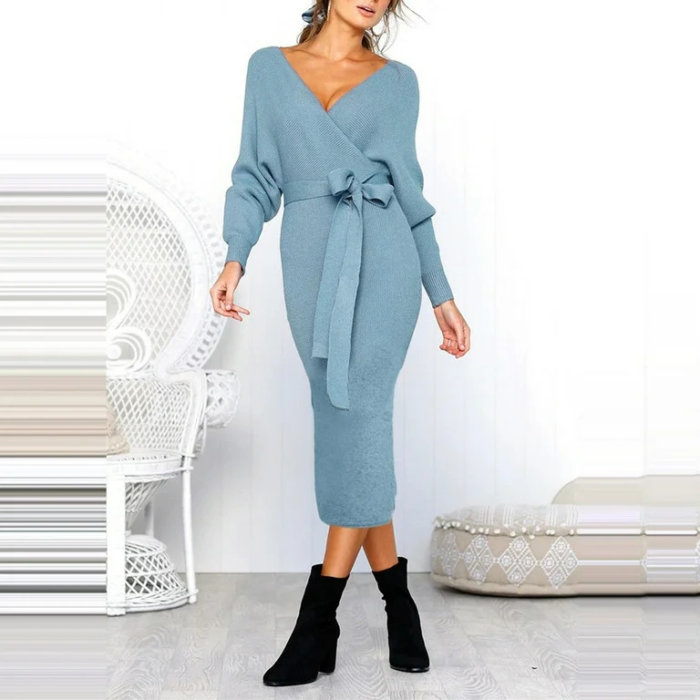 Dresses Clearance Women'S Knitted Long Sleeve V-Neck Hip Wrap Warm Sweater Dress Blue Xxxl Y0Y | Walmart (US)