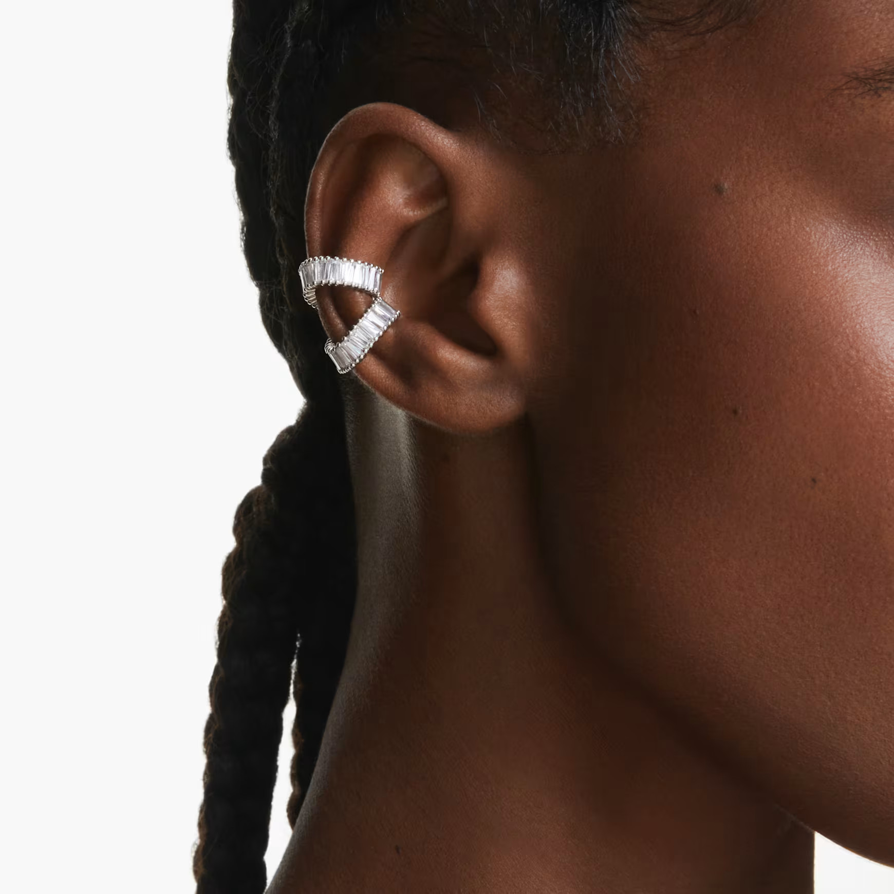 Ariana Grande x Swarovski ear cuffs, Baguette cut, White, Rhodium plated by SWAROVSKI | SWAROVSKI