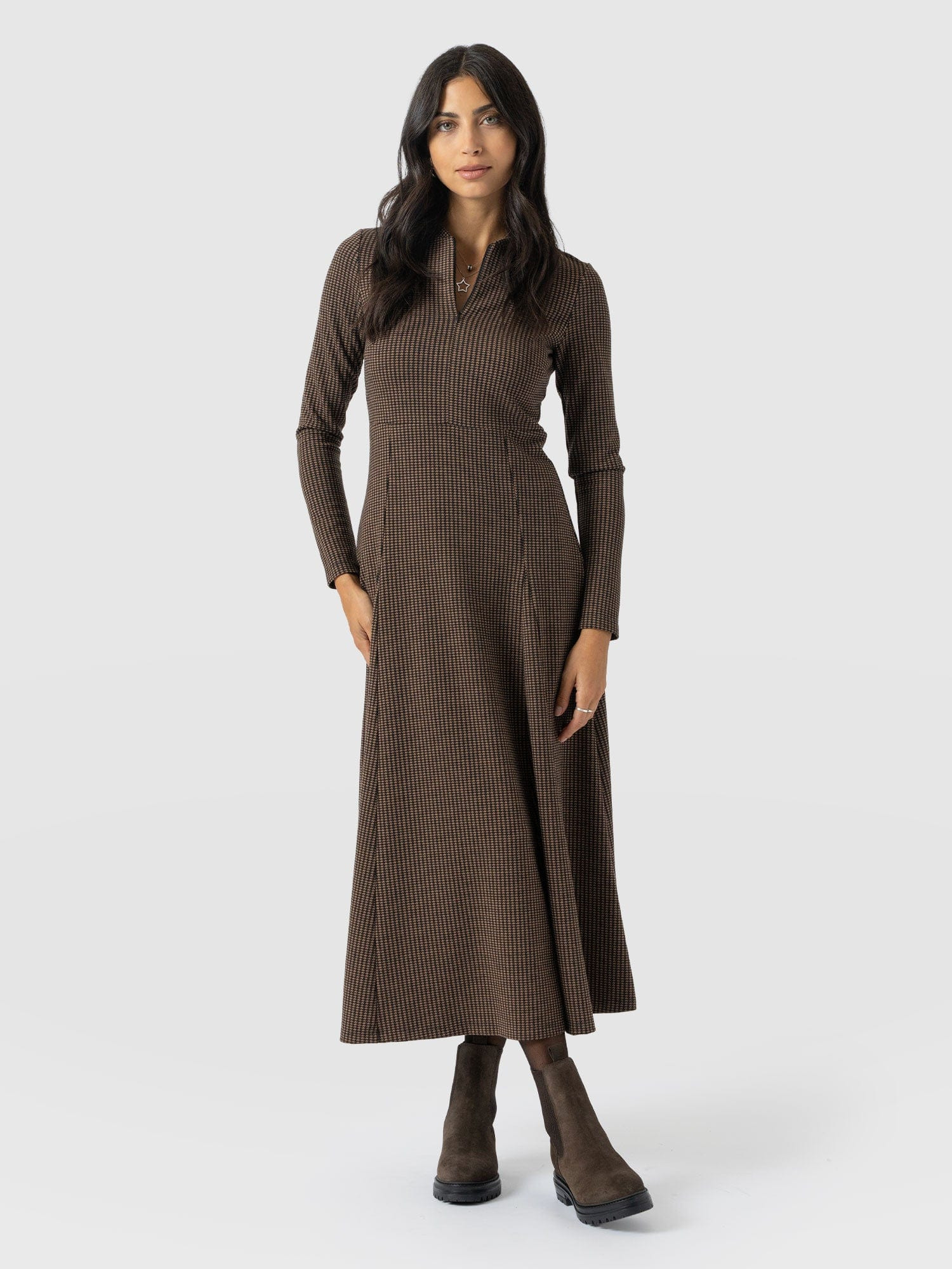 Macie Zip Up Dress - Brown Mini Houndstooth | Saint + Sofia