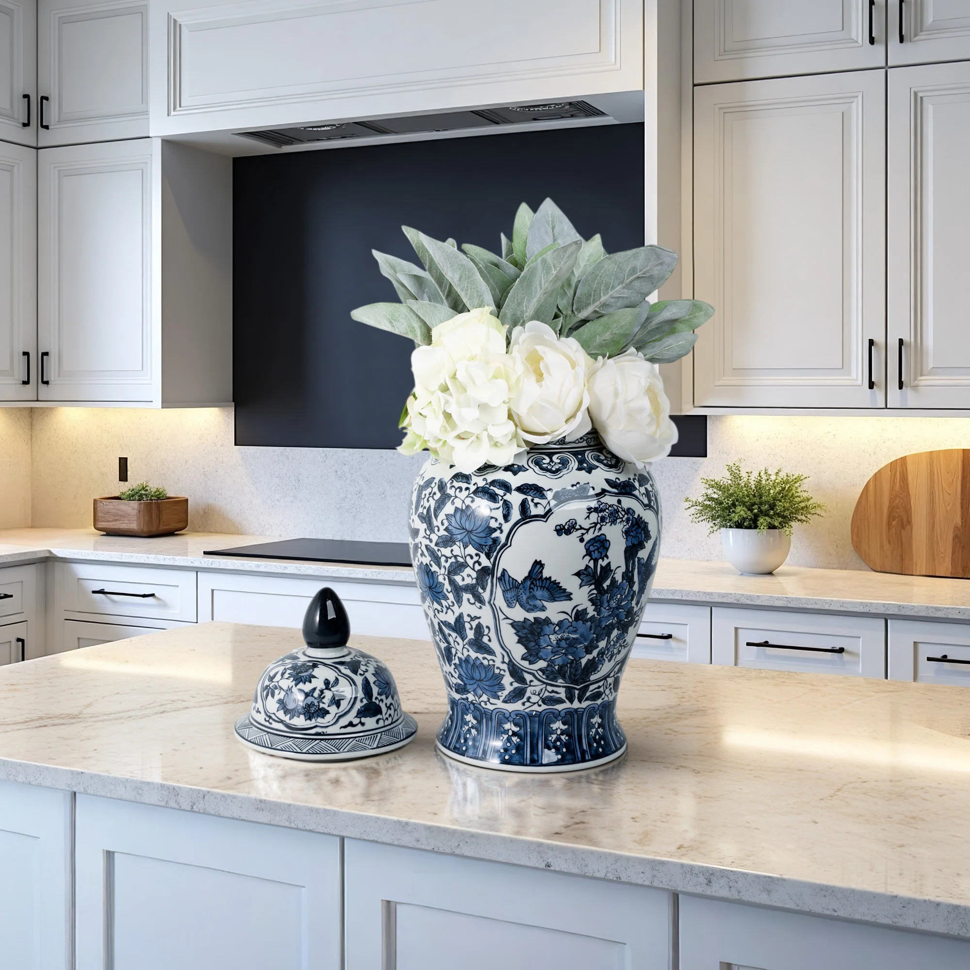 Chinoiserie Blue Ceramic Ginger Jar with Lid - 18" Decorative Stoneware Vase for Home & Office | Wayfair North America