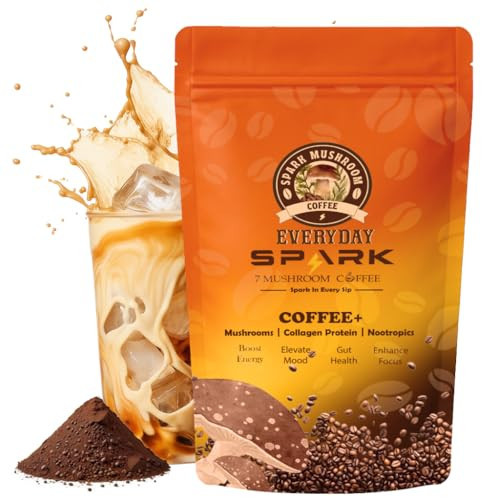 Spark Mushroom Coffee Ground USDA Organic with 7 Adaptogenic Mushrooms, Ashwagandha L-Theanine & Collagen Peptides, Premium Instant Coffee for Focus, Immmunity, Digestion and Skin Support, 30 Servings | Amazon (US)