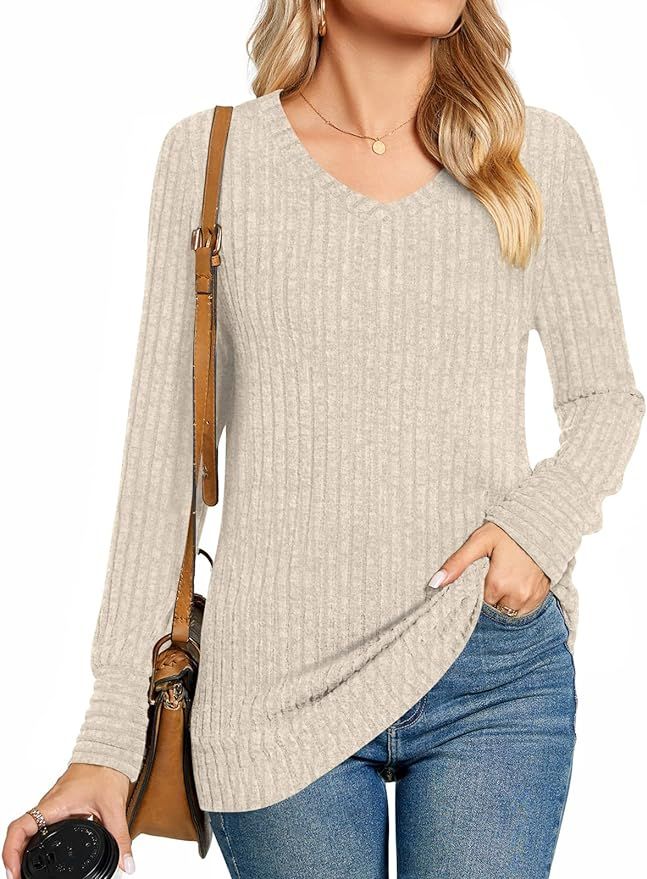 Findsweet Women's Long Sleeve Shirt Soft Lightweight V Neck Pullover Sweaters Fall Winter Tunic T... | Amazon (UK)