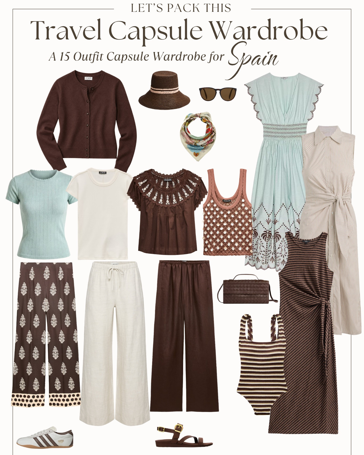 This travel capsule wardrobe was designed for a summer trip to Spain - long sightseeing days in serious heat, cobblestone evenings, and evenings that call for something a little more polished.

Expect daytime highs: mid 80s to over 100°F depending on where you're headed. A lightweight layer isn't just for evenings; you'll need it to cover up at churches and historic sites throughout the country.

Here's your packing list: 
4 tops 
3 bottoms
3 dresses 
1 layer 
2 shoes
Crossbody bag 
Accessories

11 clothing pieces mix and match into 15 outfit combinations — and it all fits in your carry-on.

Not headed to Spain? This capsule also works well for Italy, Greece, Portugal, and Southern France, where the summer heat should be taken seriously, the sightseeing days are long, and the evenings suggest a bit of polish.

⭐️ My travel capsules are created using research, personal travel experience, and my own style preferences. I do my best to account for weather and real-life travel needs, but every trip is different. Use these as a fun starting point, not rigid rules. Take what works, leave what doesn’t, and make it your own.

#LTKOver40 #LTKTravel