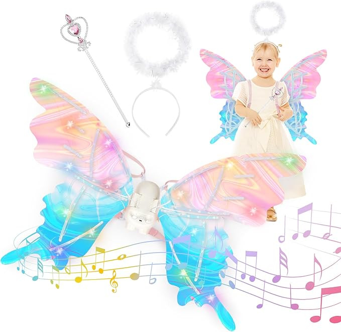 deAO Butterfly Wings and Halo, Wand, Electric Butterfly Wings for Kids, Light up Wings with Music... | Amazon (UK)
