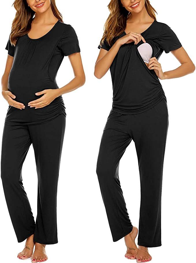 Ekouaer Women's Maternity Nursing Pajama Set Breastfeeding Sleepwear Set Double Layer Short Sleev... | Amazon (US)