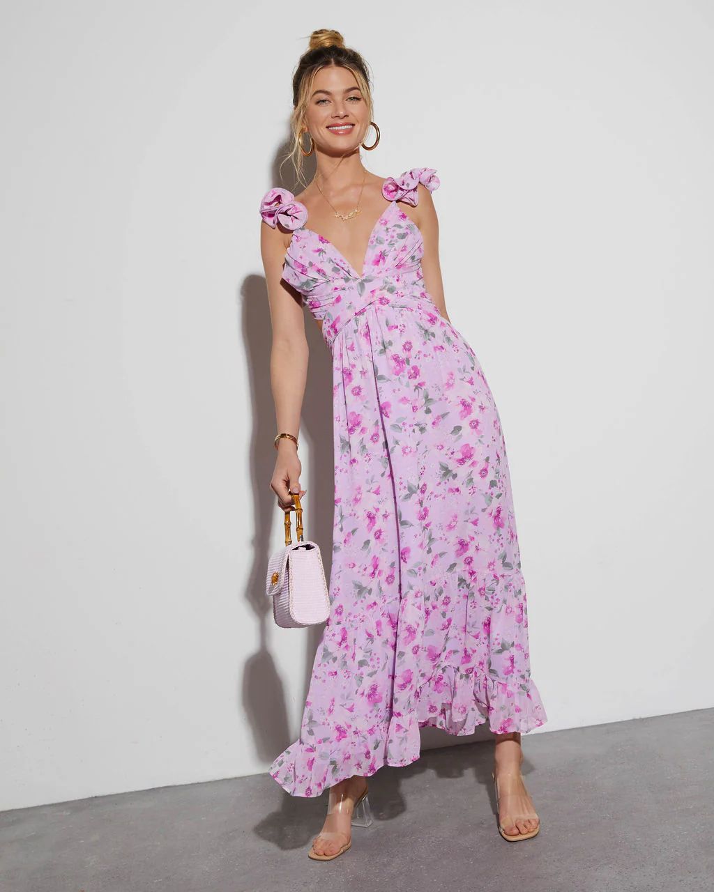 Polly V-Neck Floral Ruffle Midi Dress | VICI Collection