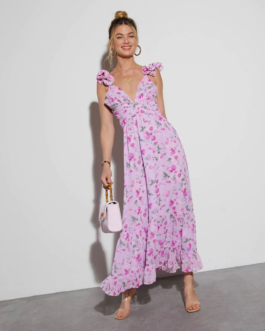 Polly V-Neck Floral Ruffle Midi Dress | VICI Collection