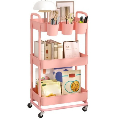 3-Tier Rolling Storage Cart Utility Cart with Extra Hanging Cups Handles Lockable Wheels Pink-3-Tier 31.5''×15.94''×11.81'' | Target