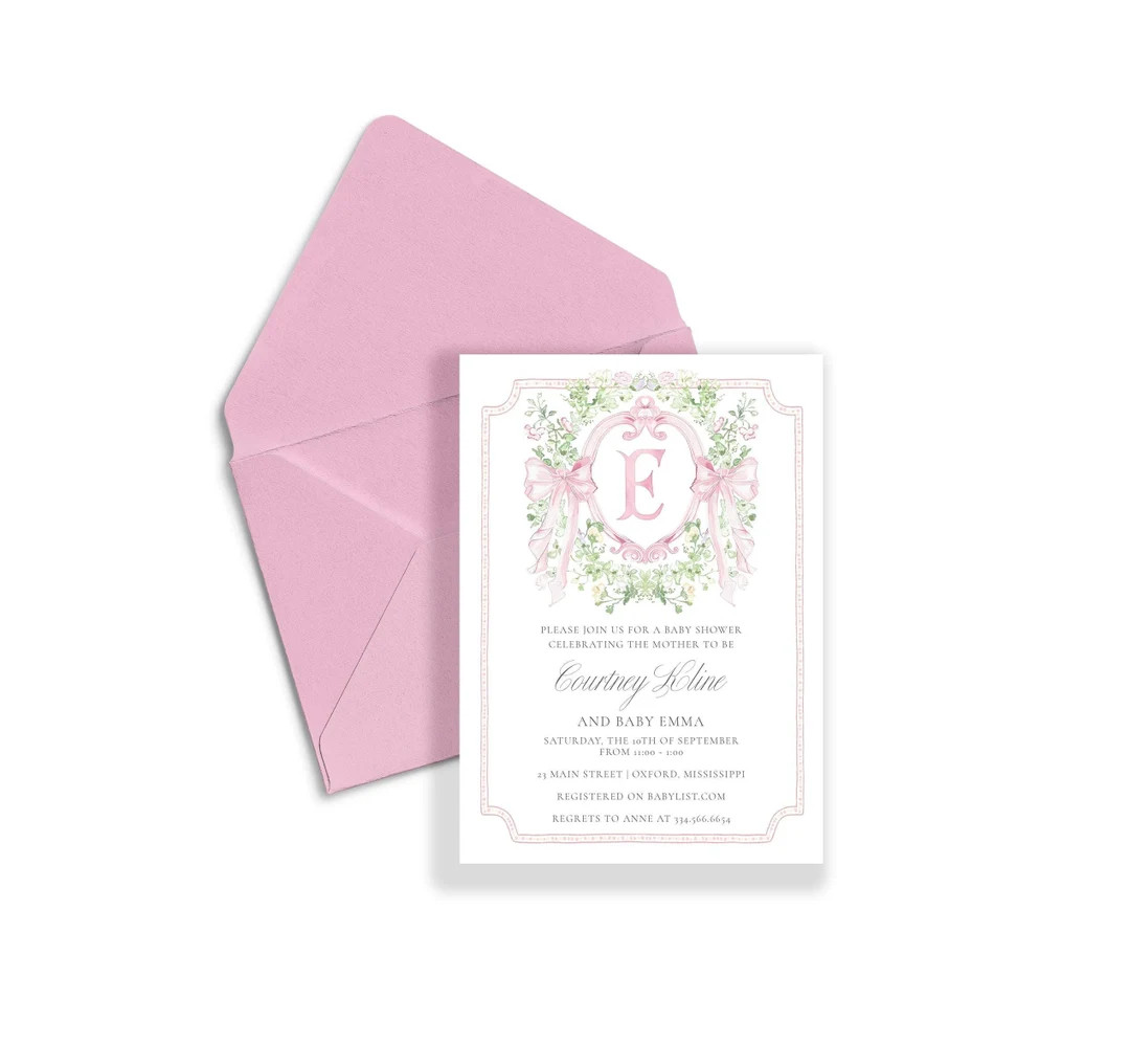 Courtney Kline Baby Shower, Custom Monogrammed Crest, Gingham, Chinoiserie Baby Shower Invitation... | Etsy (US)