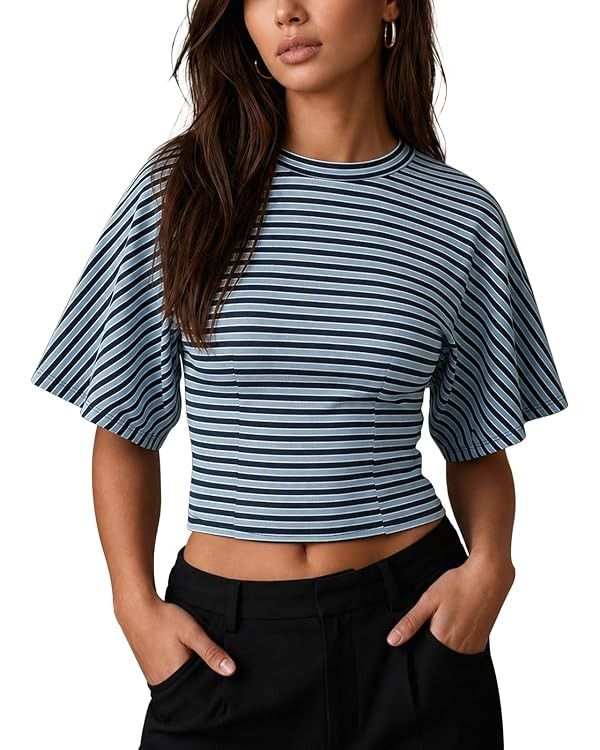 CHYRII Womens Summer Tops Lyocell Striped Batwing Short Sleeve T Shirts | Amazon (UK)