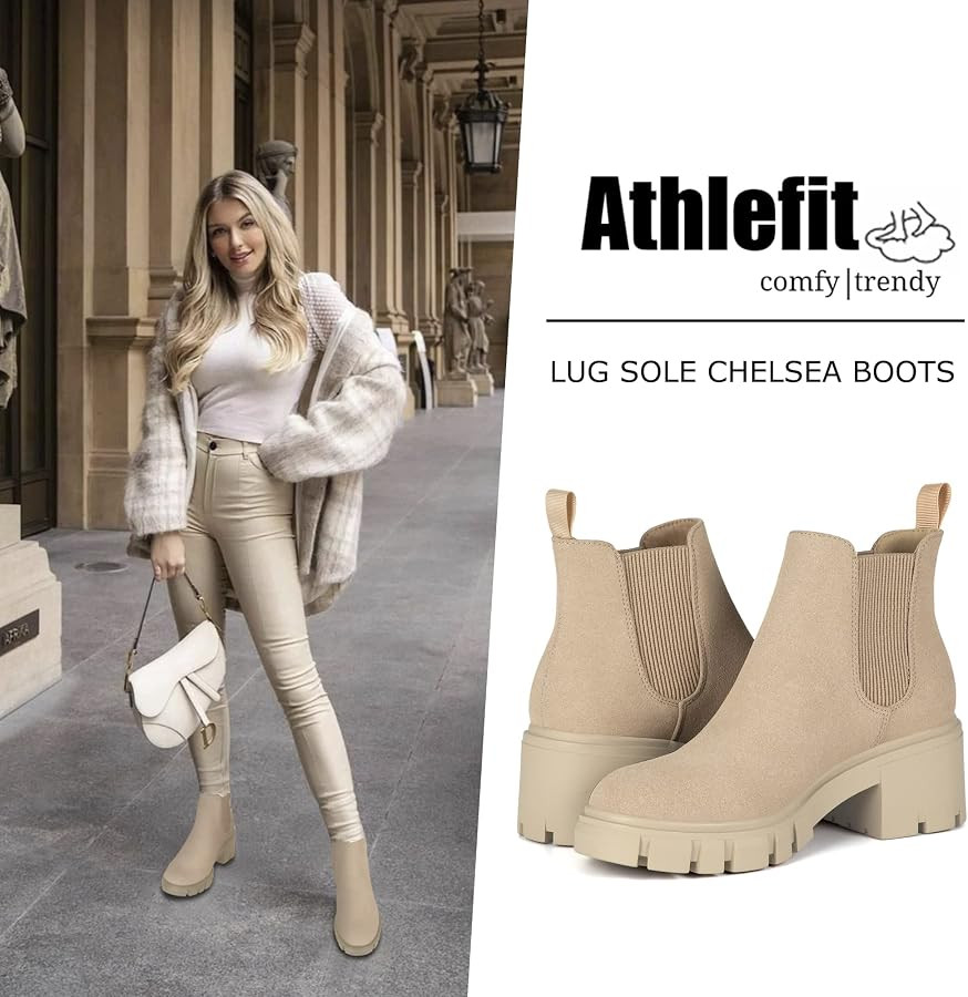 Athlefit Women's Chelsea Boots Fashion Lug Sole Chunky Heel Slip on Elastic Ankle Booties | Amazon (US)