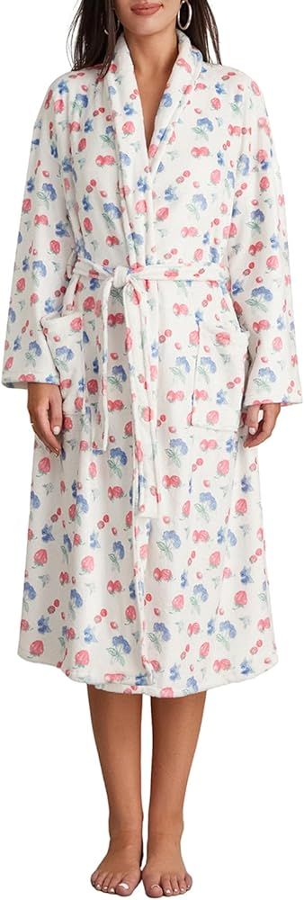 Yuemengxuan Women Y2k Fruit Robe Fleece Shawl Collar Bathrobe with Belt Cozy Spa Long Robe Open fron | Amazon (US)