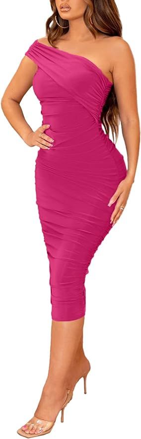 Halfword Sexy One Shoulder Midi Dress for Women Ruched Bodycon Drawstring Night Party Club Cockta... | Amazon (US)