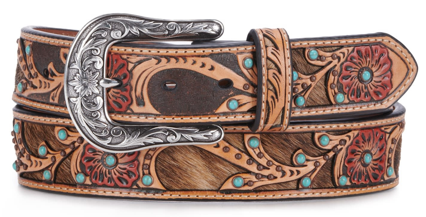 Ariat Women's Red Flower with Cowhide Inlay and Turquoise Embellishments Tooled Belt - XL - From Cavender's | Cavender's