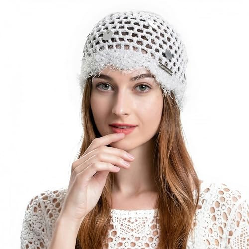 ZLYC Women Cotton Crochet Skull Cap Handmade Knit Cutout Floral Beanie Hat, Paillettes White | Amazon (US)