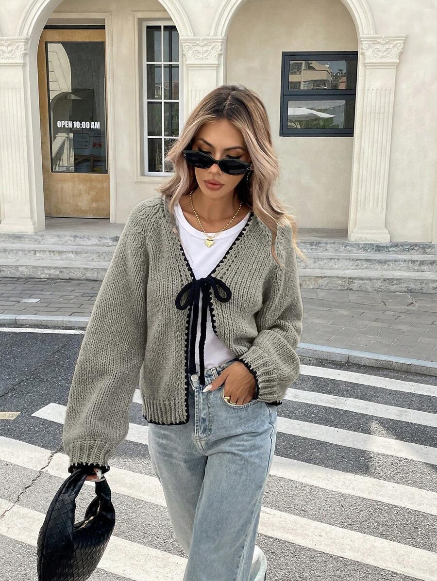 Serisse Cardigan casual da donna con dettagli a contrasto e laccio sul davanti, maniche lunghe, c... | SHEIN