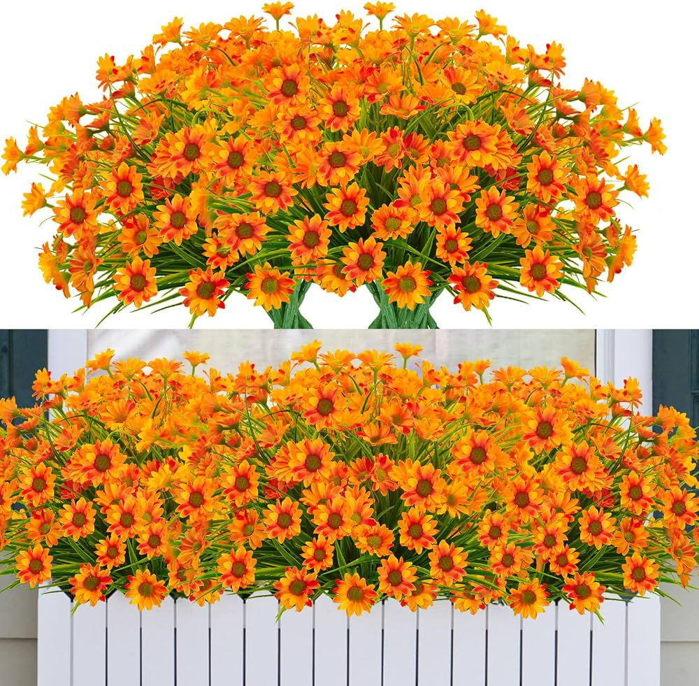 12 Bundles Artificial Fall Flowers for Outdoors Orange Daisy Mums Faux Fall Flowers UV Resistant ... | Amazon (US)