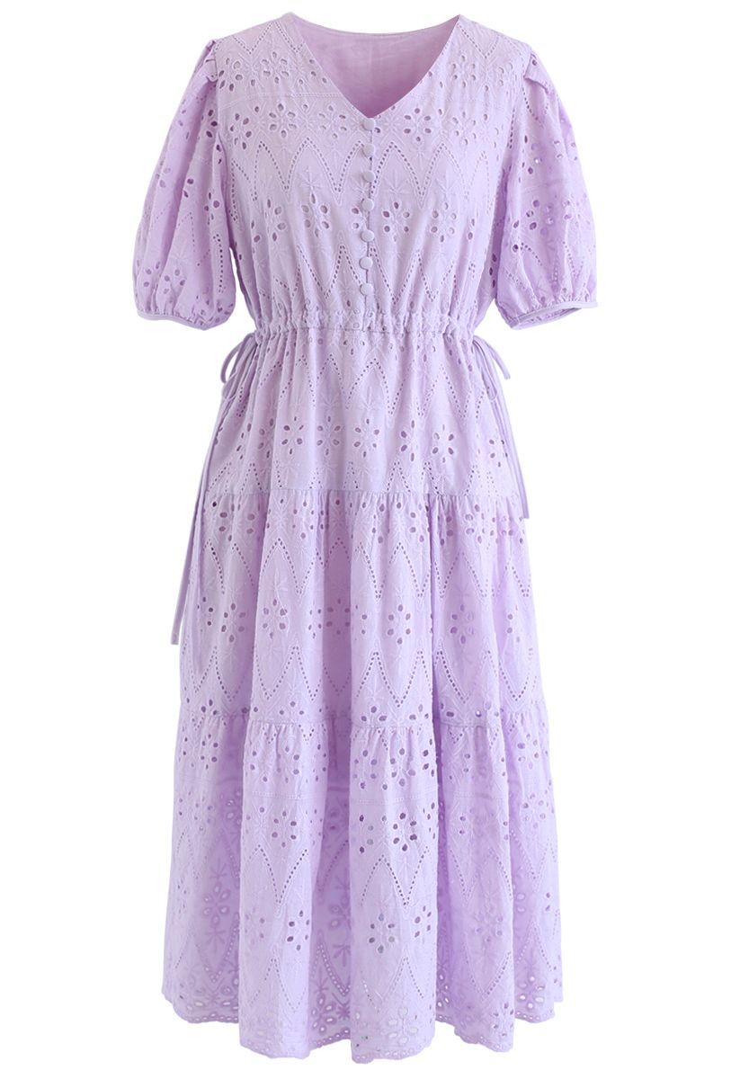 Zigzag Eyelet Floral Embroidered Flare Midi Dress in Lilac | Chicwish