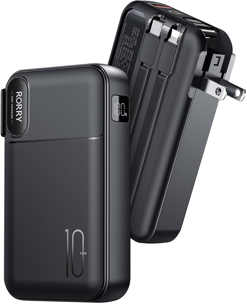 RORRY Portable Charger Built in Cables, AC Wall Plug In Portable Charger Power Bank 10000mAh Trav... | Amazon (US)