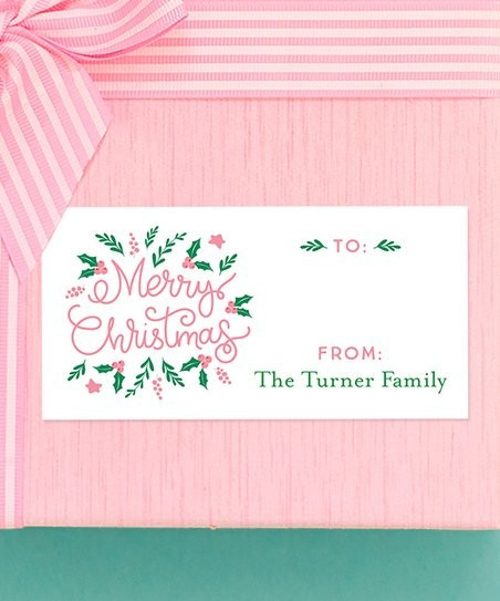 Chickabug Pink & Green 'Merry Christmas' Personalized Name Gift Label Set | Zulily