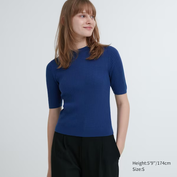 Extra Fine Merino Ribbed Mock Neck Half-Sleeve Sweater | UNIQLO (US)