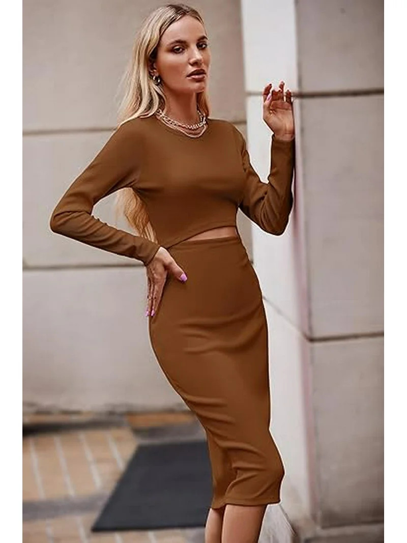 PRETTYGARDEN Women's Long Sleeve Midi Bodycon Dresses Casual Crewneck Cut Out Ribbed Knit Fitted ... | Walmart (US)