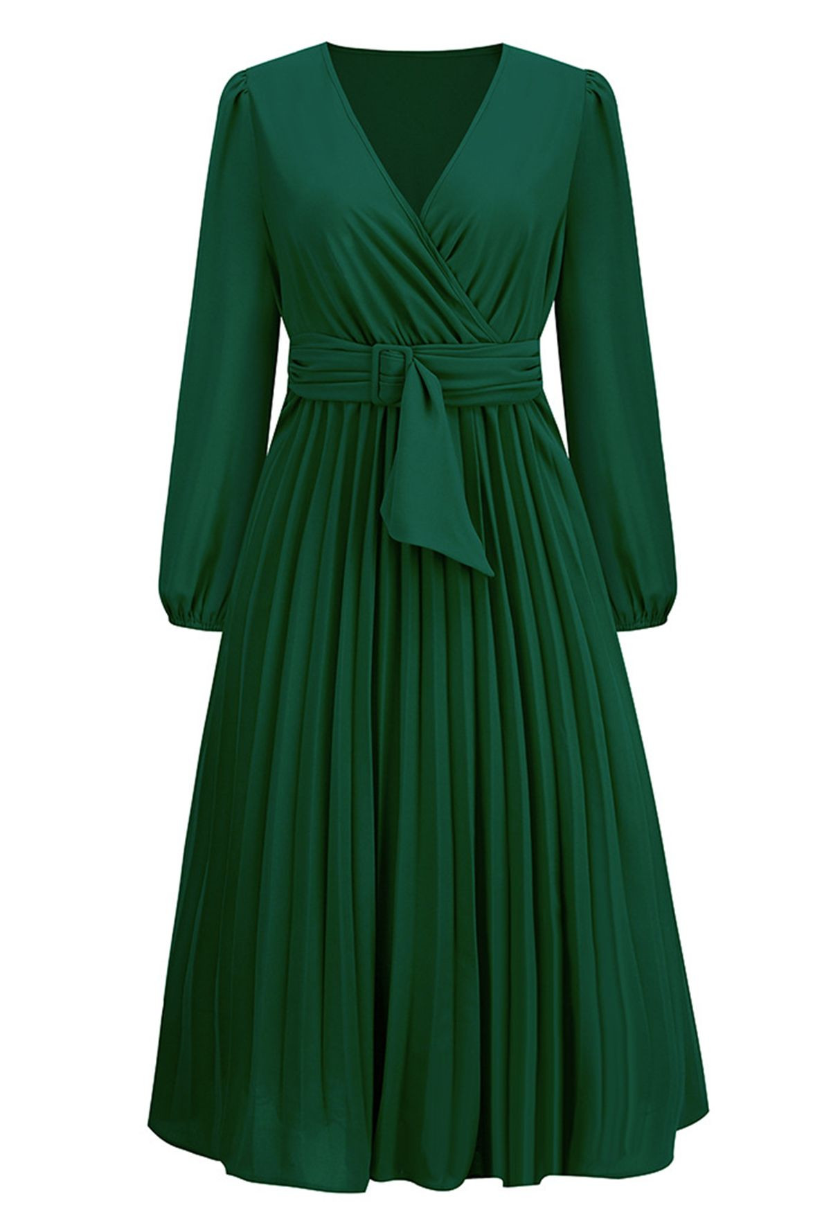 Wrap Front Buckle Belt Dress in Dark Green | Chicwish