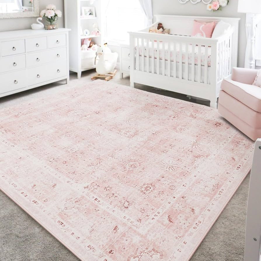 Light Pink Rug 5x7 for Living Room,Machine Washable Girls Room Rug for Nursery Bedroom,Blush Pink... | Amazon (US)
