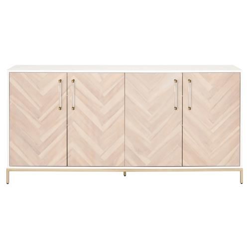 Rowan Modern Herringbone Brushed Brass White Acacia 4 Door Media Sideboard | Kathy Kuo Home