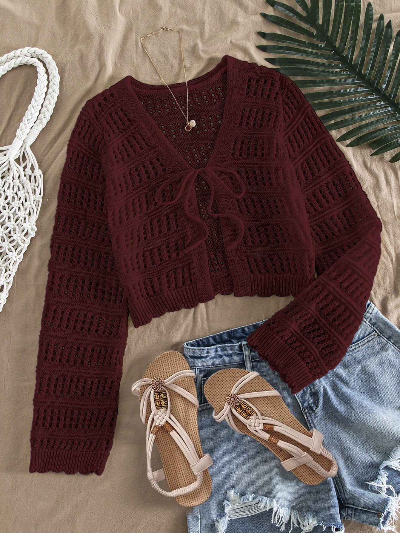 SHEIN VCAY 1pc Women Casual Solid Color Hollow Out Knit Cardigan, Suitable For Holiday | SHEIN
