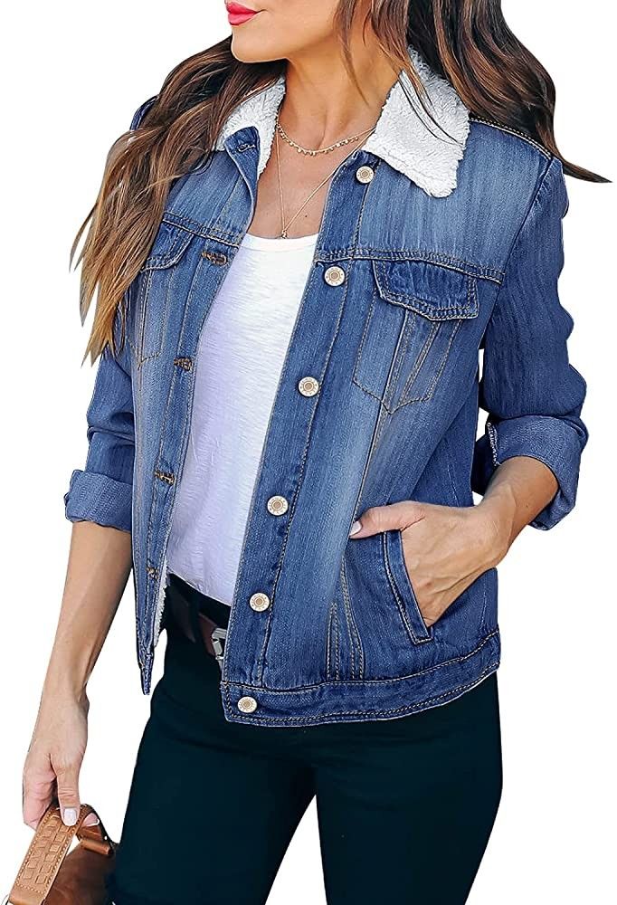 LookbookStore Women's Casual Button Down Ripped Fleece Basic Denim Jacket Coat with Pockets | Amazon (US)