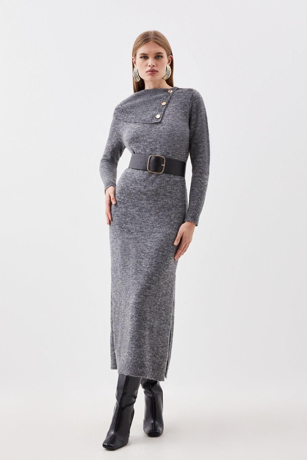 Wool Blend Cosy Envelope Belted Knit Maxi Dress | Karen Millen US