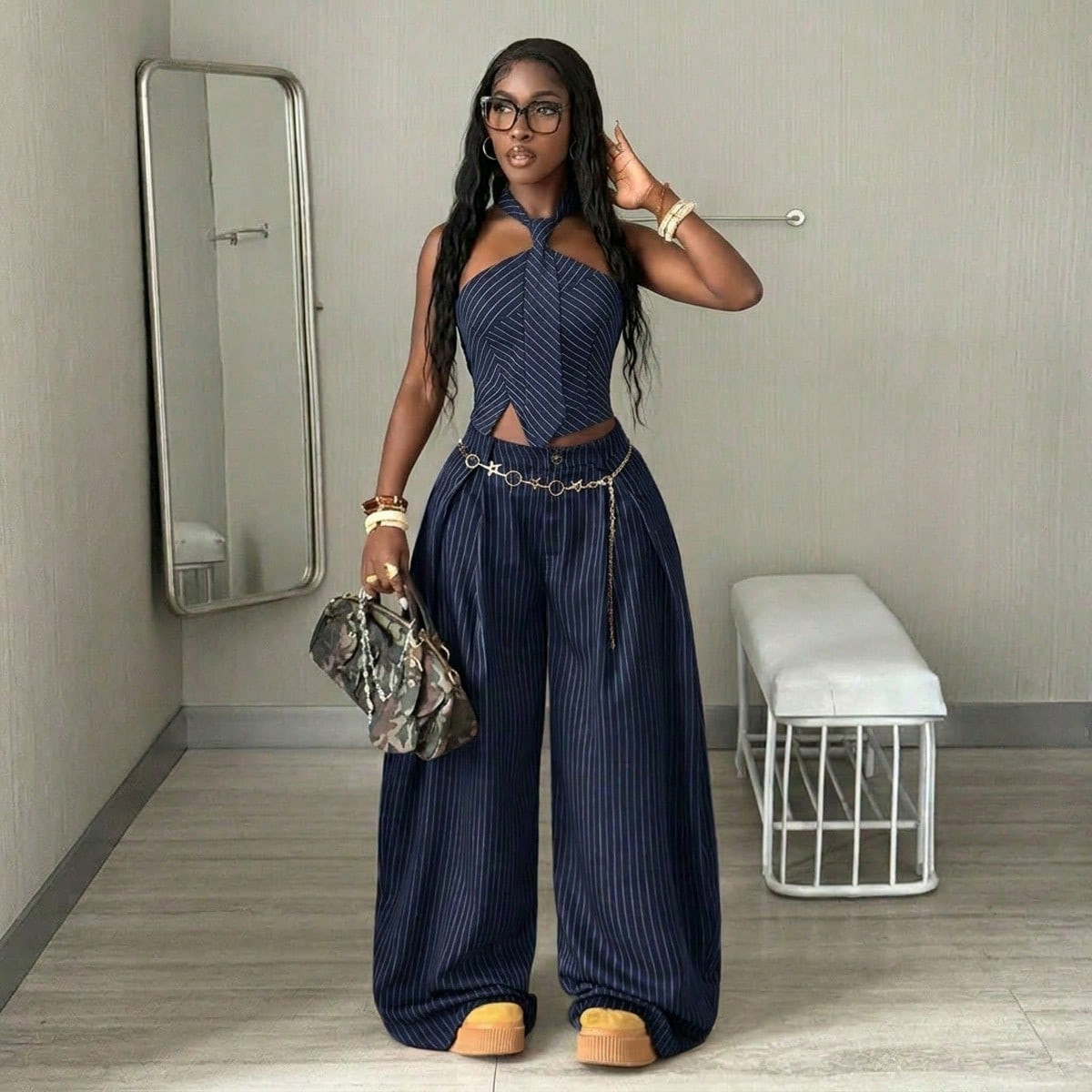 Coolane Women's Fall/Winter Cool Girl Vintage Casual Streetwear Going Out Oversized Brown Curved Hem Pants Pants Striped Blue Cargo Pants | SHEIN