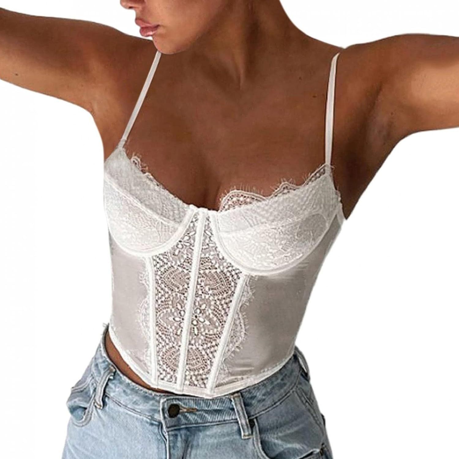 Y2K Fashion Tops Women Sexy V Neck Sleeveless Camisole Undershirt Lace Spaghetti Strap Crop Tank ... | Amazon (US)
