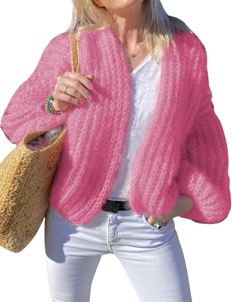 QIBABU Womens Chunky Knit Cardigan Sweater Casual Cropped Open Front Lantern Sleeve Knitwear Coat | Amazon (US)
