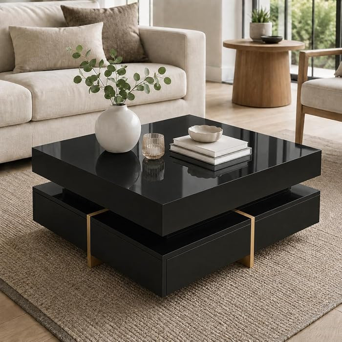 Modern Coffee Table with Storage, Contemporary Square Coffee Table with Drawers, High Gloss Moder... | Amazon (US)