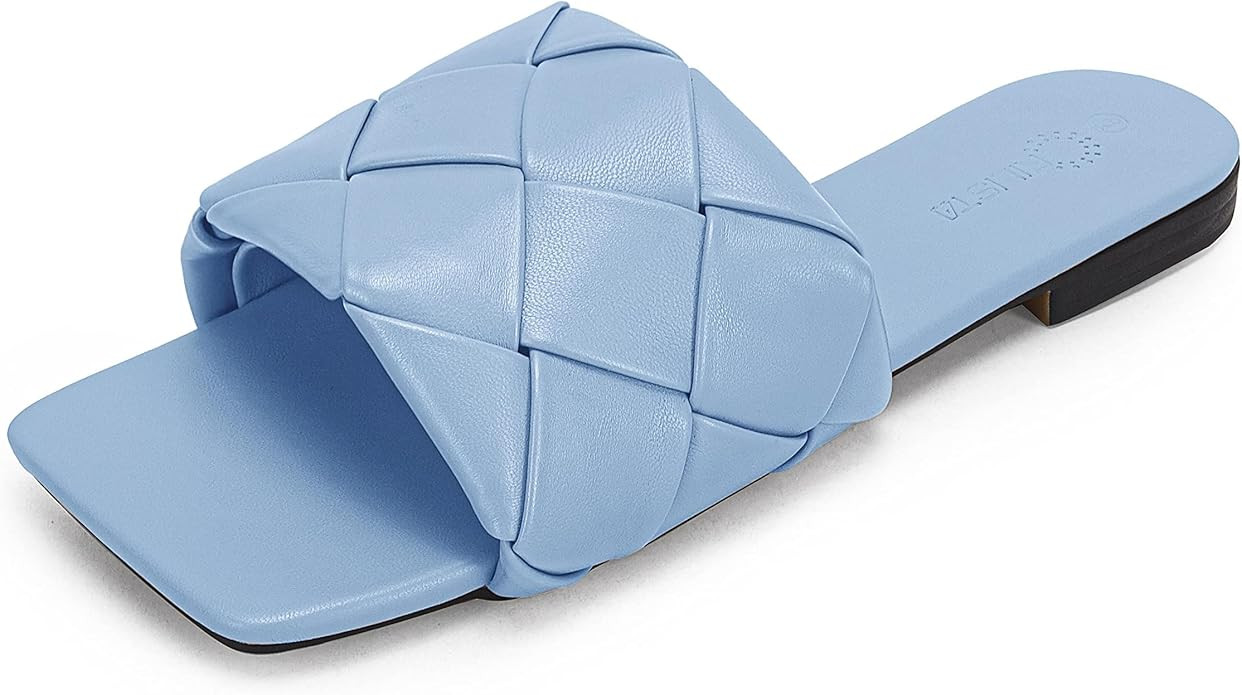Women's Braided Flat Sandals Slides Square Open Toe Strap Slip on Slippers Shoes | Amazon (US)