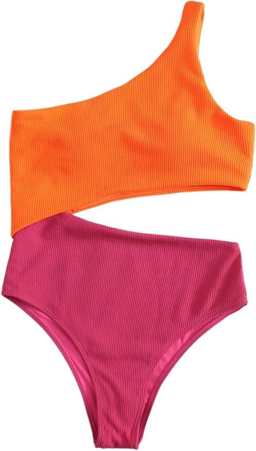 Verdusa Women's One Shoulder Two Tone Colorblock Monokini One Piece Swimsuit | Amazon (US)