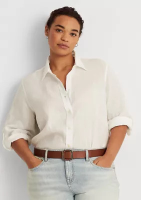 Lauren Ralph Lauren Women's Plus Size Linen Shirt, White, 1X | Belk