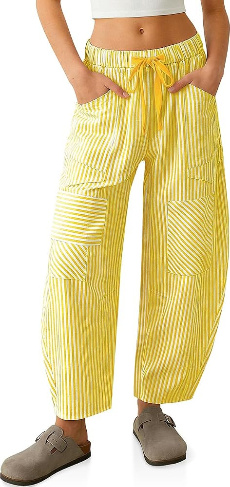 TARSE Womens Striped Linen Barrel Pants Drawstring Y2k Patchwork Pockets | Amazon (US)