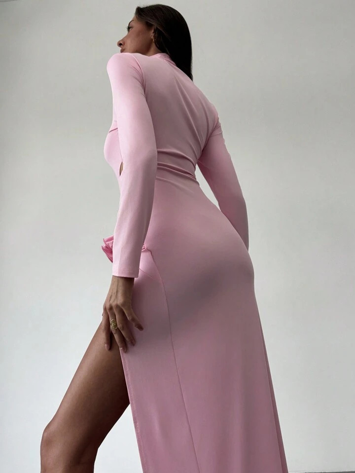 Aloruh Romantic Date Vacation Pink Turtleneck Long Sleeve Tight Hollow Floral Maxi High Slit Dres... | SHEIN
