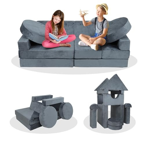 PERFECT GARDEN Nugget Couch Kids 14pcs Modular Kids Play Couch Building Fort, Nugget Play Couch Kids Foam Couch for Playroom Bedroom Boy Girl Teens Gifts,Grey | Amazon (US)